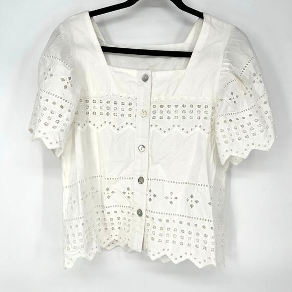 Nicole Miller Artelier White Eyelet Zigzag Edged Button Up Blouse Women's Small - Picture 1 of 9
